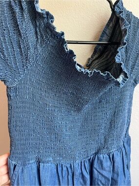 Blue Rain Smocked Off Shoulder Chambray Jumpsuit Medium Wide Leg  w/Pockets